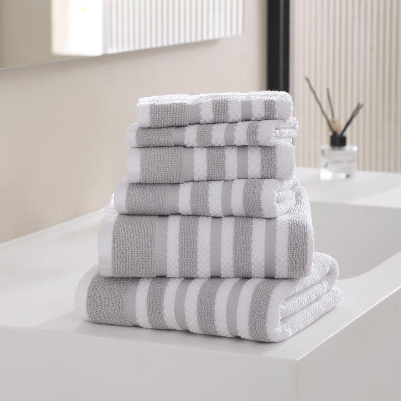 Set de 6 Toallas de 100% Algodón a Rayas Grises y Blancas con 2 de Baño, 2 de Mano y 2 Faciales