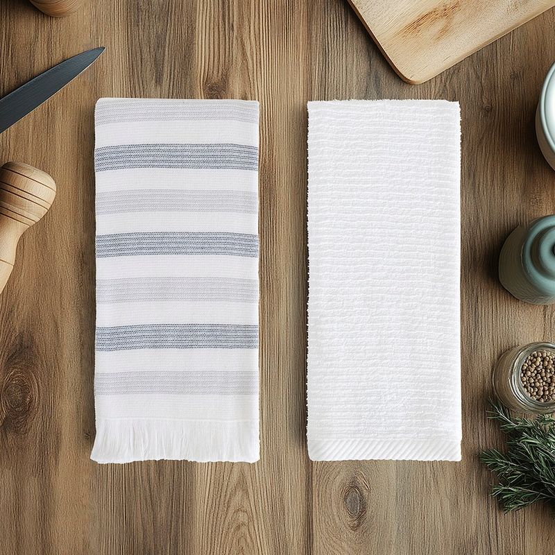 Set de 2 Toallas de Cocina Diseño Rayas Gris y Azul