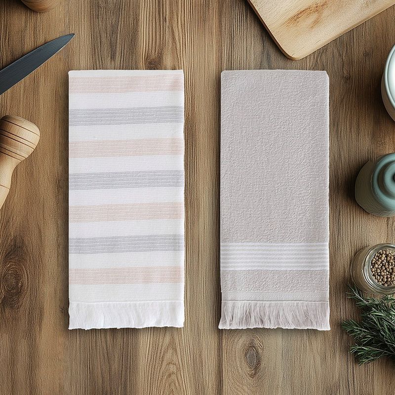 Set de 2 Toallas de Cocina Diseño Rayas Blanca y Rosada