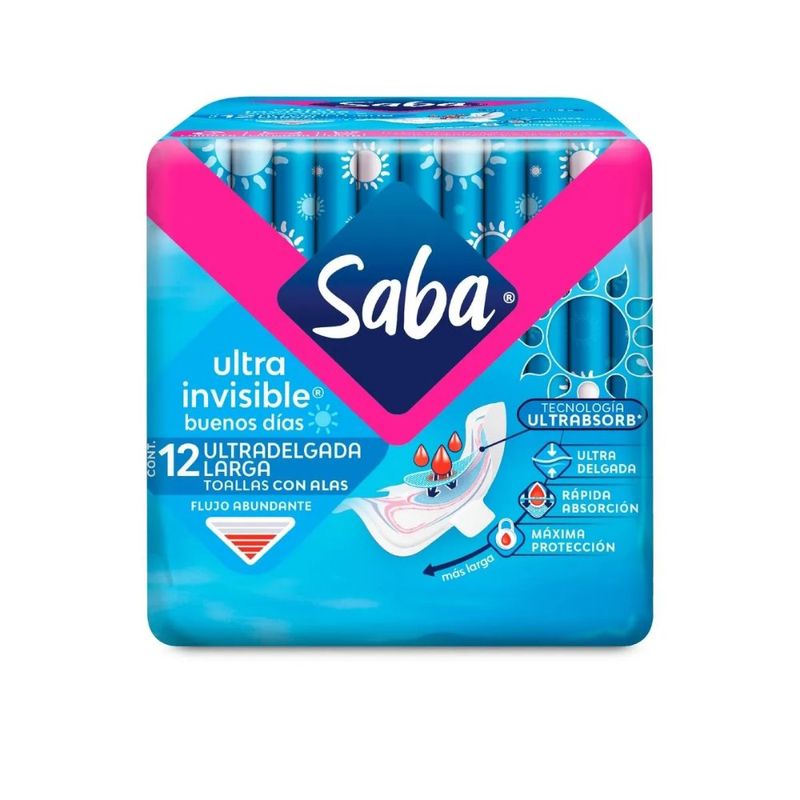 Toallas Femeninas Saba Ultra Invisible Larga 12 Pzas