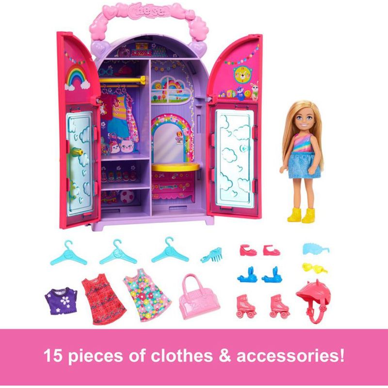 Barbie Chelsea y Armario de Juguete con Ropa y Accesorios, Set de 17 Piezas