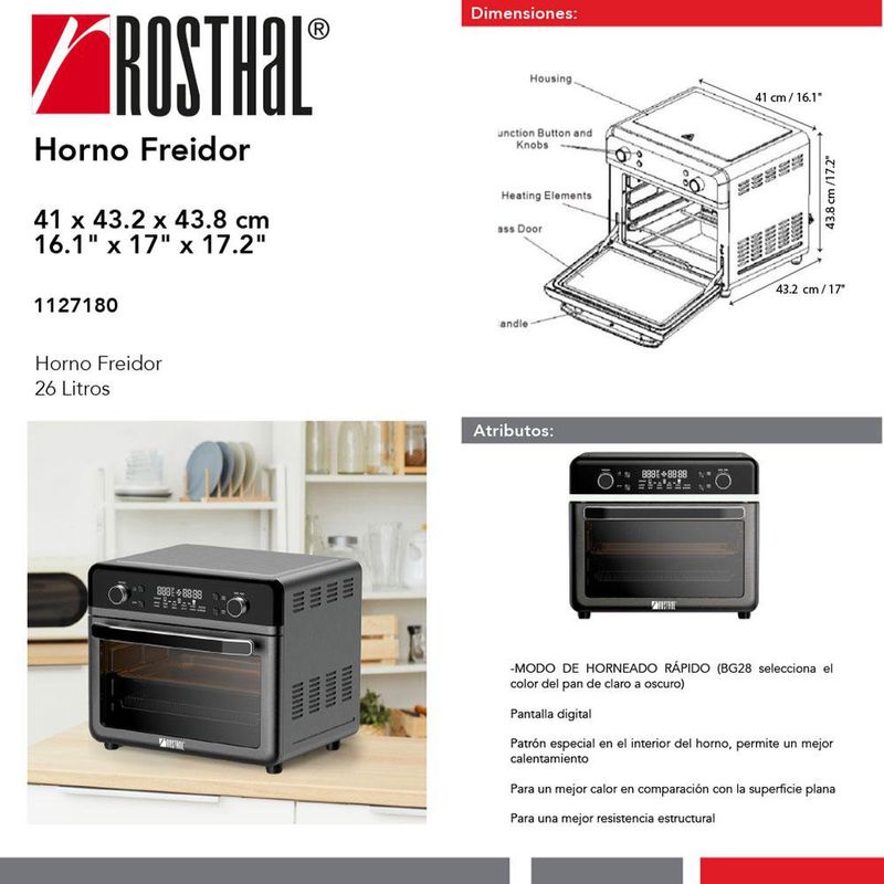 Horno Freidora de Aire Digital Multifunción Negra de 26 Lts