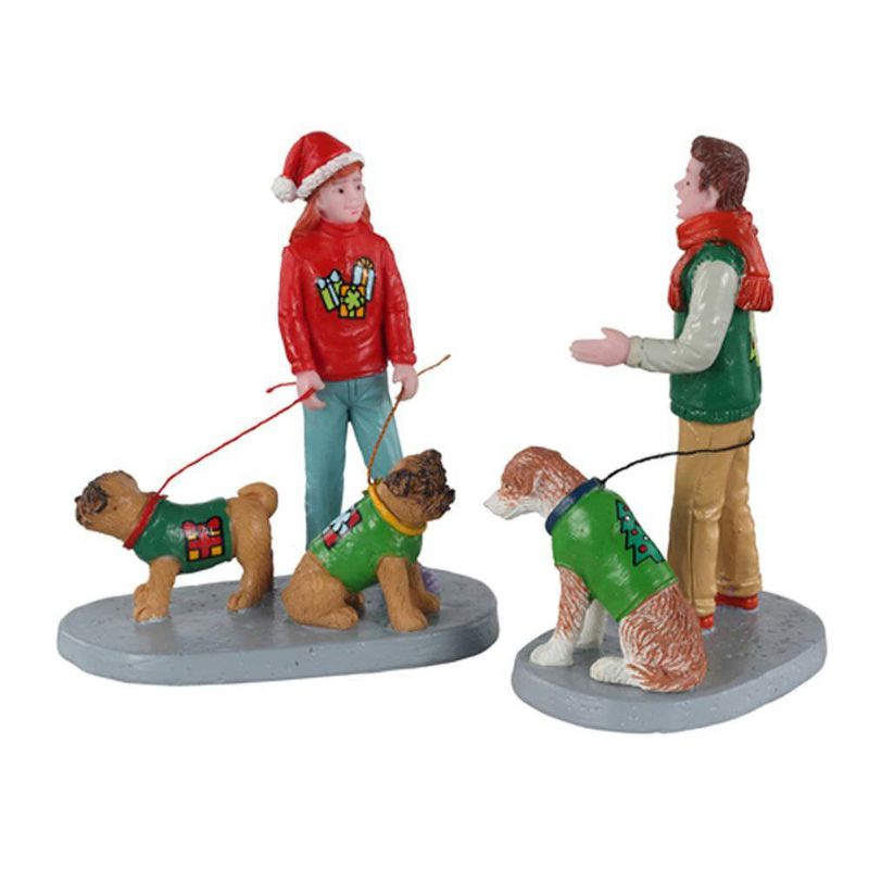 Set de 2 Figuras de Amigos Festivos con Perros para Villa Navideña
