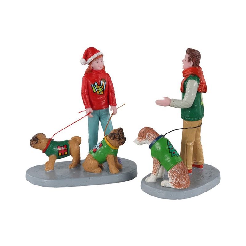 Set de 2 Figuras de Amigos Festivos con Perros para Villa Navideña
