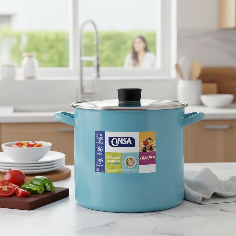 Olla Recta Alta Aqua Bay de 22 cm con Tapa de Vidrio Color Azul Celeste