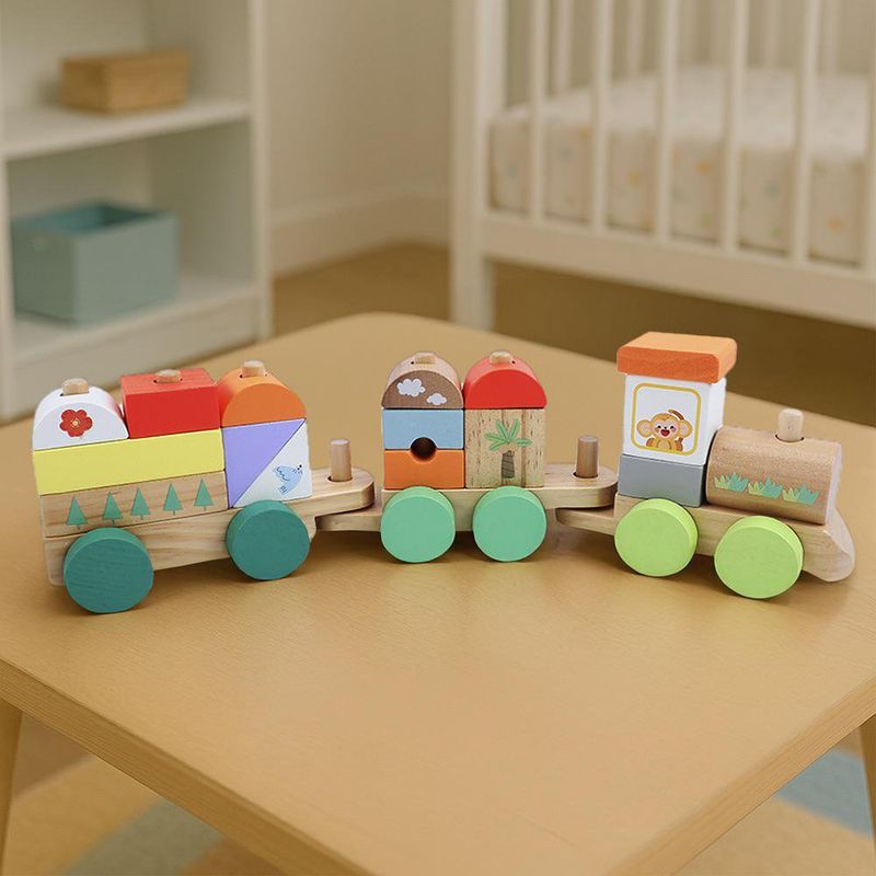 Tren de Madera Didáctico para Armar y Jugar con 16 Bloques Geométricos