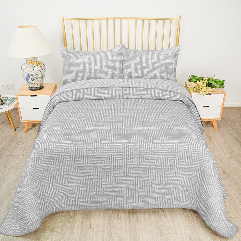 Set Cubrecama Full/Queen Líneas Gris/Blanco