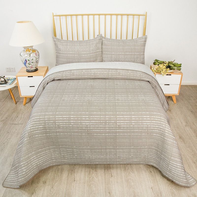 Set Cubrecama Full/Queen Líneas Beige/Blanco