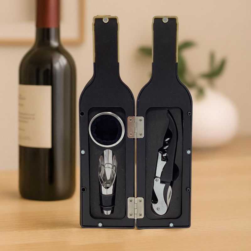 Set de 3 Accesorios para Vino en Estuche Tipo Botella
