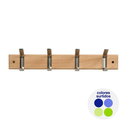 Colgador de Madera con 4 Ganchos Metálicos Colores Surtidos