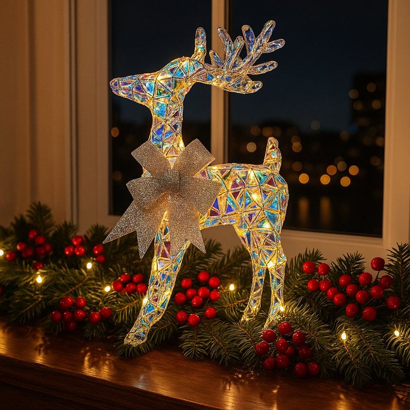 Reno Decorativo Tornasol con Moño Plateado y Luz LED