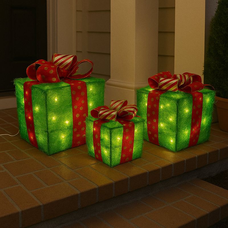Set 3 Cajas de Regalos Verde con Luz Led