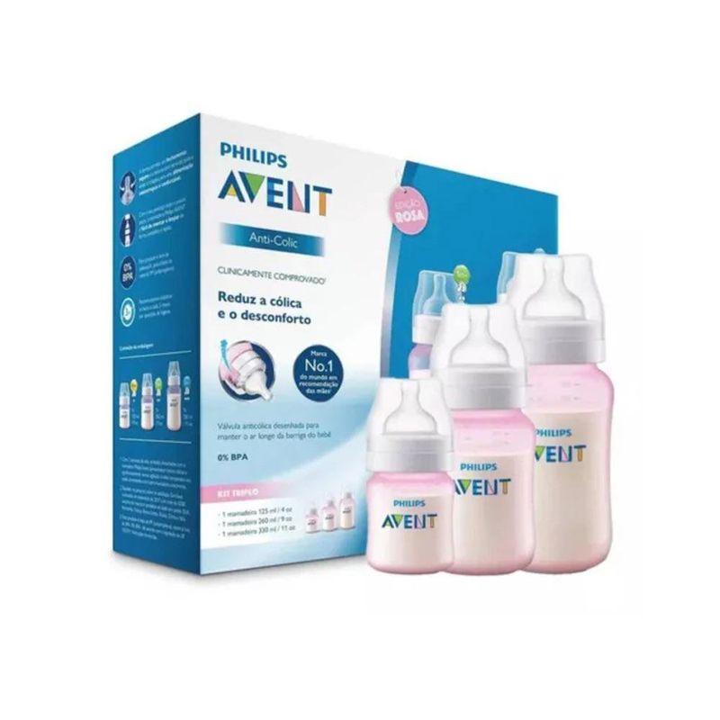 Set de 3 Biberones Anticólicos Rosado 260 Ml