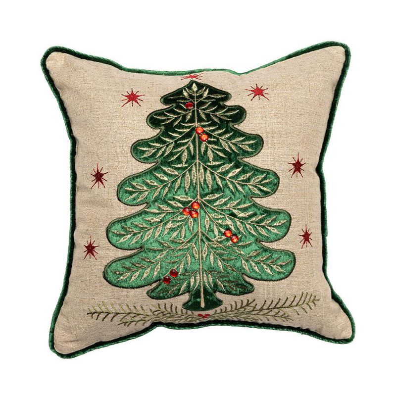 Cojín Navideño con Árbol Bordado en Verde