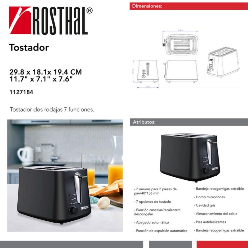 Tostador Dos Rodajas 7 Funciones - Rosthal
