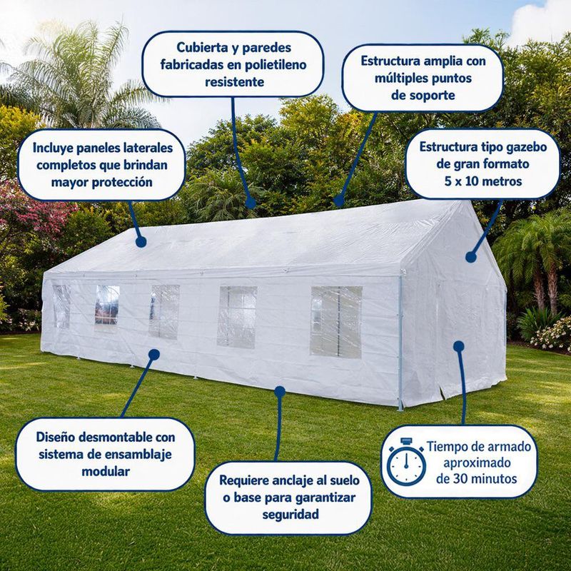 Toldo para Exterior Fiesta de Polietileno con Techo y Paredes Color Blanco de 5 x 10 Metros