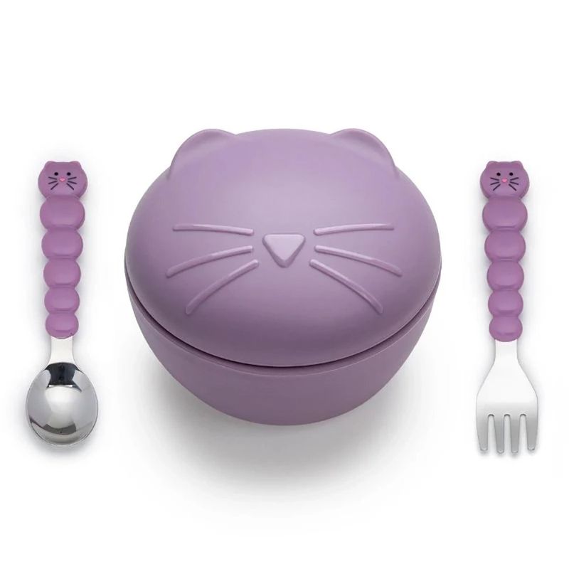 Set Tazón con Cubiertos Gato Color Morado