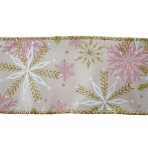Listón Navideño de 2.5 plg x 10 yardas Color Rosado con Copos
