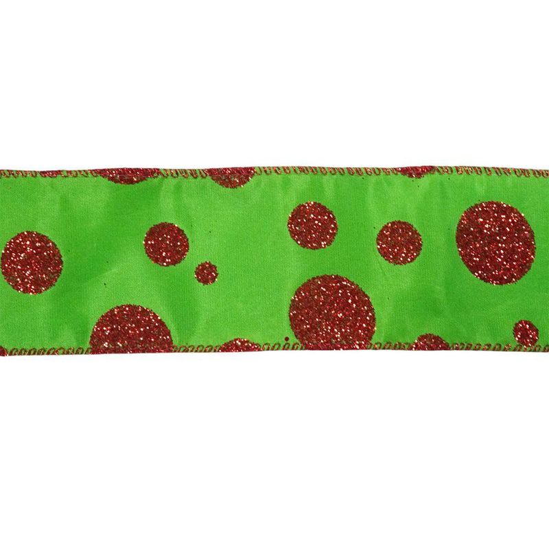 Listón Navideño de 2.5 plg x 10 yardas Color Verde con Puntos Rojos