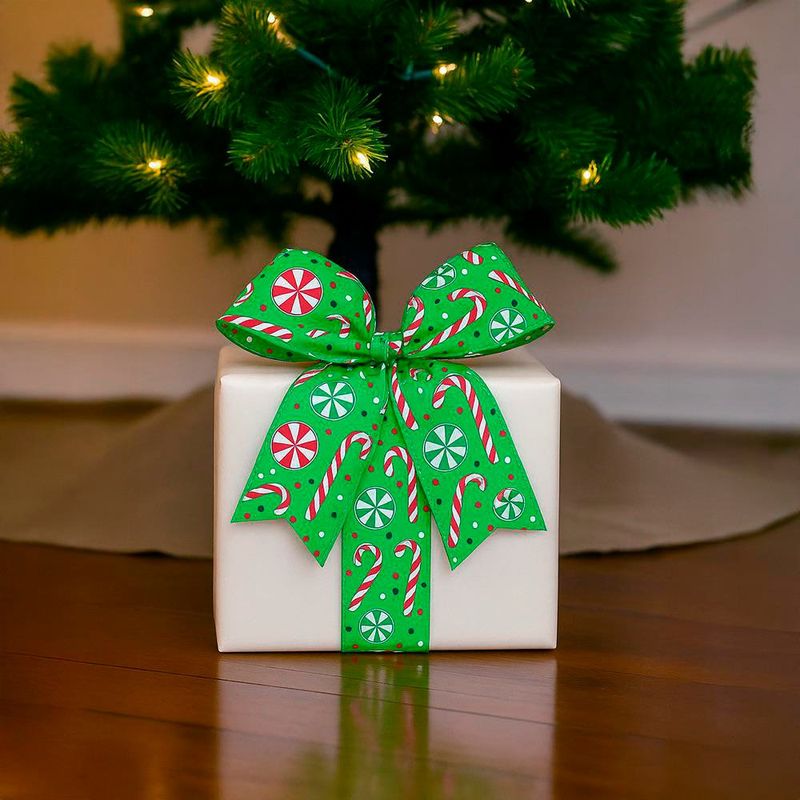 Listón Navideño Bastones y Dulces de 2.5 plg x 10 yardas Color Verde
