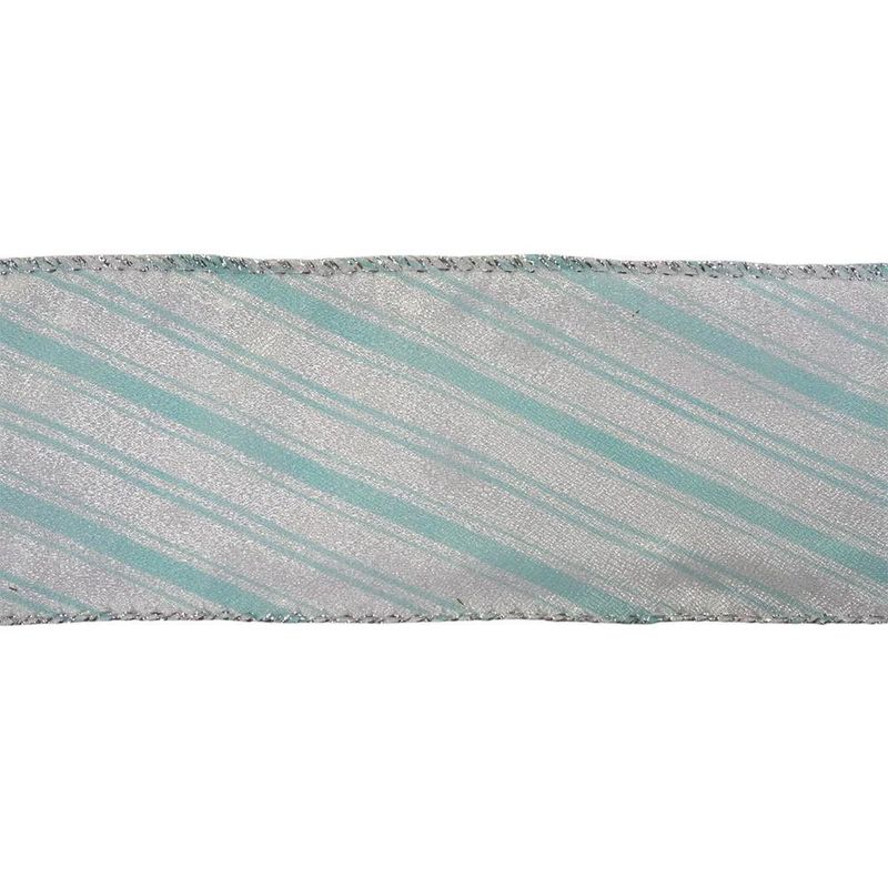 Listón Navideño de 2.5 plg x 10 yardas Color Blanco Líneas Celestes