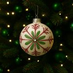 Esfera Navideña Blanca con Copo Verde y Rojo en Glitter