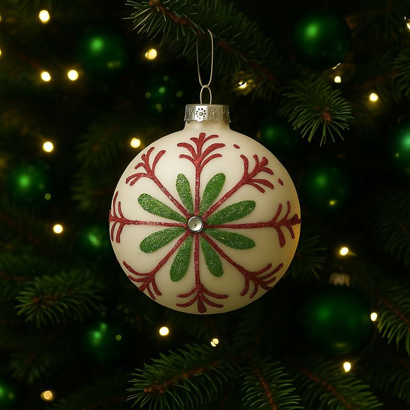 Esfera Navideña Blanca con Copo Verde y Rojo en Glitter