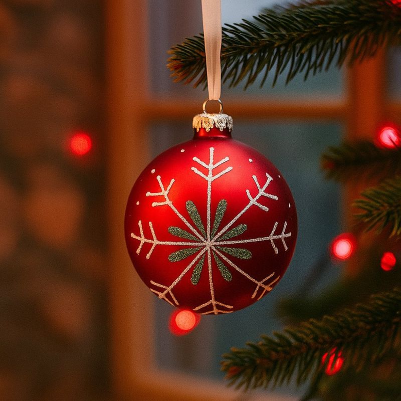 Esfera Navideña Roja con Ramas Blancas