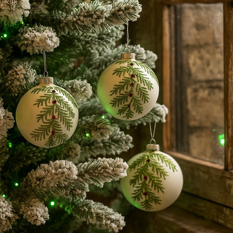 Esfera Navideña  Blanca Verde con Diseño Hojas