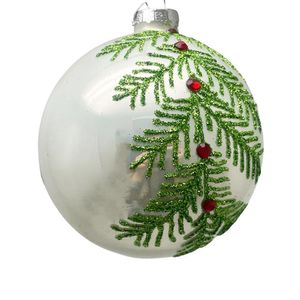 Esfera Navideña  Blanca Verde con Diseño Hojas