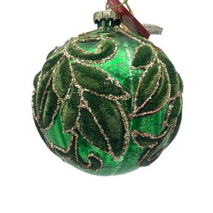 Esfera Navideña Verde con Hojas en Relieve y Detalles en Glitter