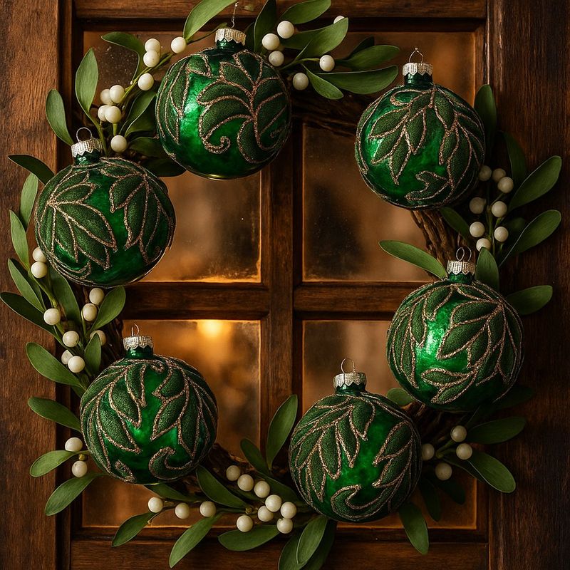 Esfera Navideña Verde con Hojas en Relieve y Detalles en Glitter