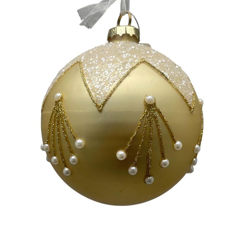 Esfera Navideña Dorada con Perlas y Detalles en Glitter