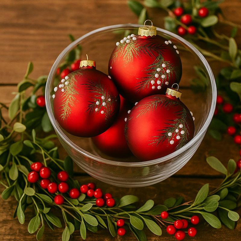 Esfera Navideña Roja con Ramas Verdes y Detalles de Perlas