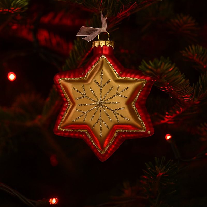 Adorno Navideño en Forma de Estrella Roja y Dorada con Glitter