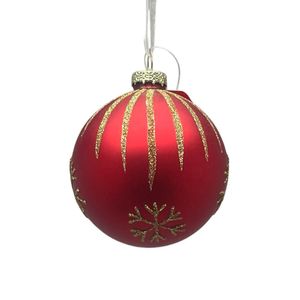 Esfera Navideña Roja Mate con Copos y Líneas Doradas en Glitter