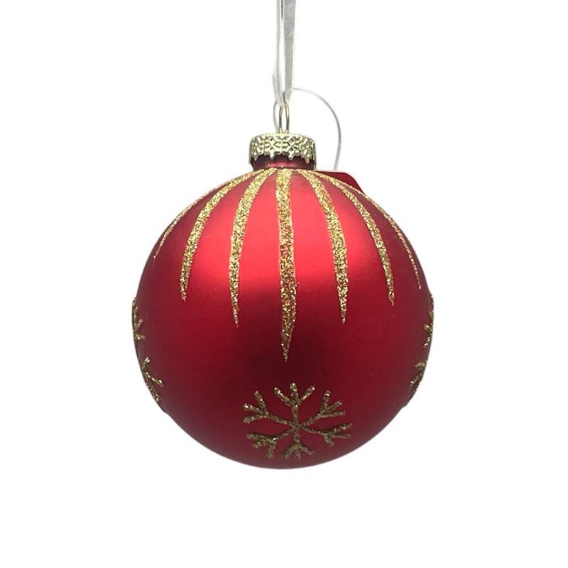 Esfera Navideña Roja Mate con Copos y Líneas Doradas en Glitter
