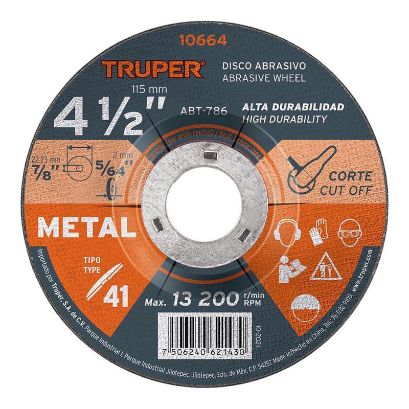 Disco Abrasivo para Corte en Metal 4-1/2 X 5/64 Plg