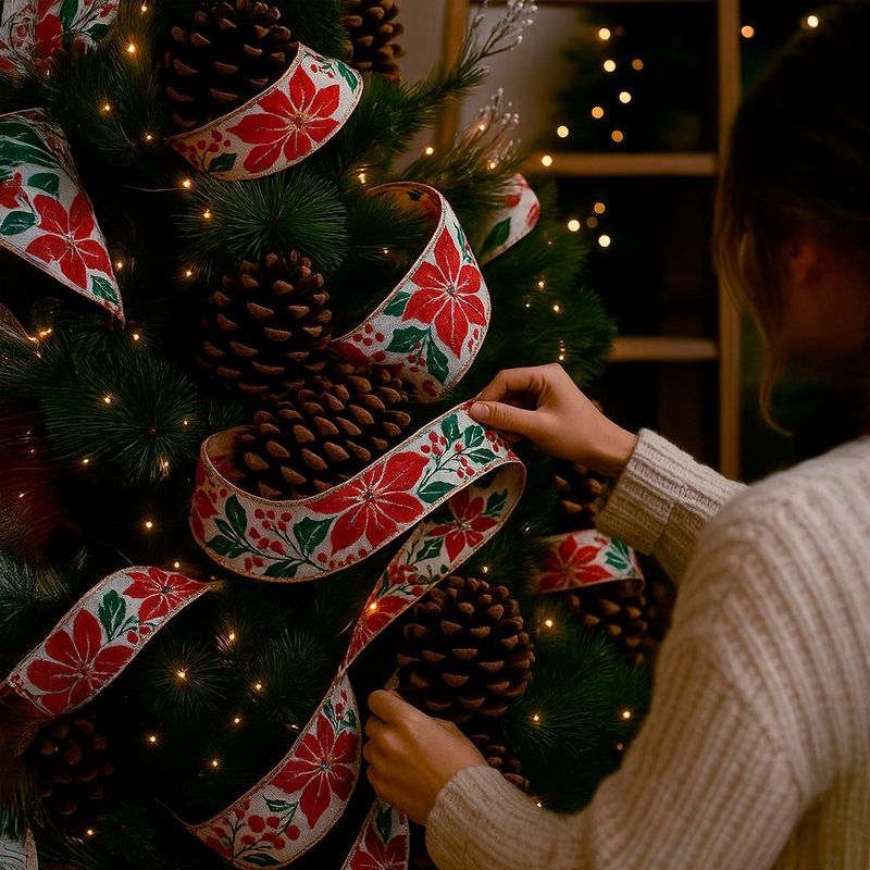 Listón Navideño Flores de Pascua de 2.5 plg x 10 yardas Color Rojo