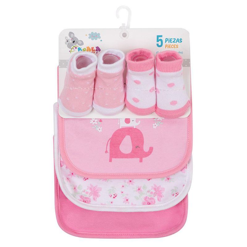 Set Baberos y Calcetas Elefante Rosa 5 Pzas
