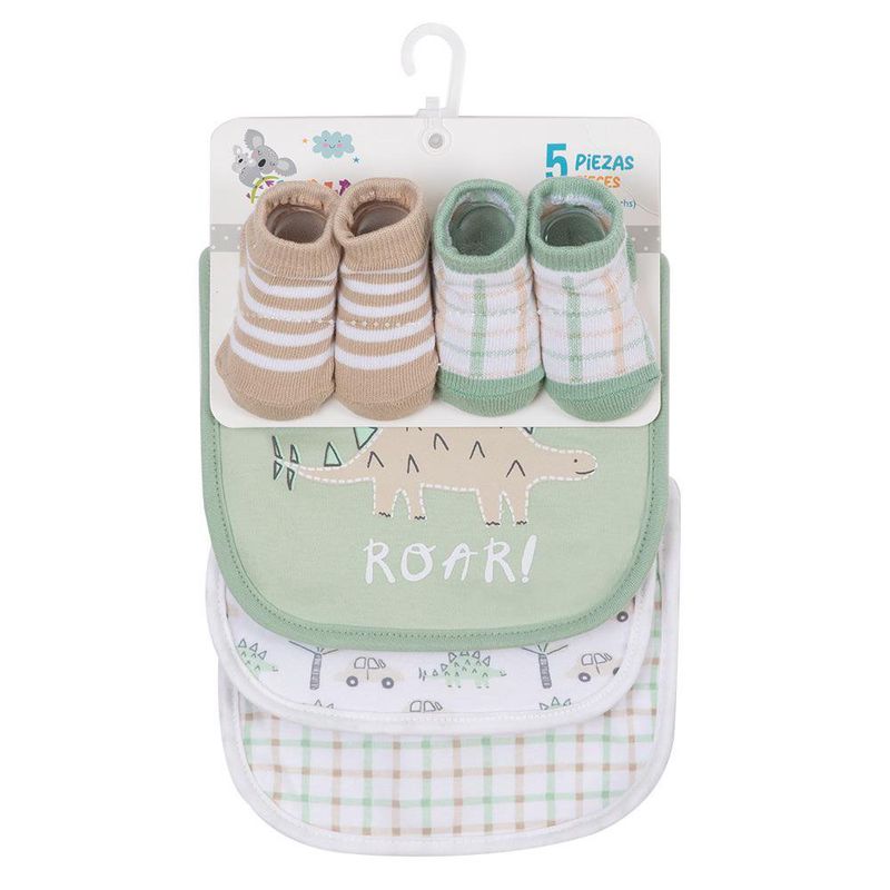 Set Baberos y Calcetas Dinosaurio 5 Pzas