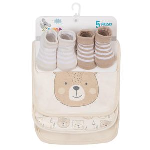 Set Baberos y Calcetas Oso Café 5 Pzas