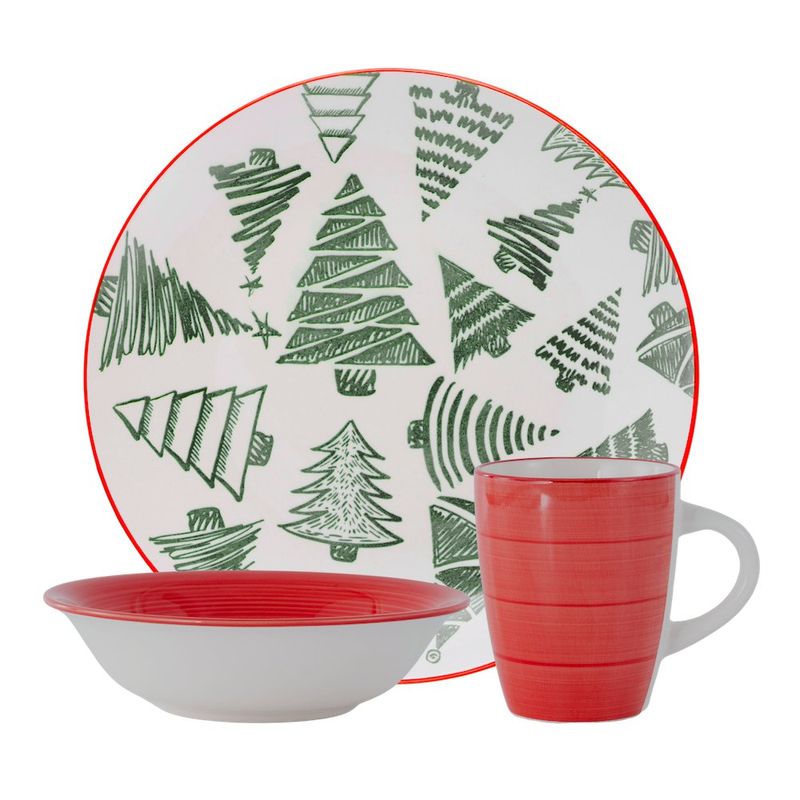 Vajilla Navideña de 12 Piezas con Diseño de Pinos Verdes