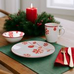 Vajilla Navideña de 12 Piezas con Diseño de Copos y Esferas Rojas