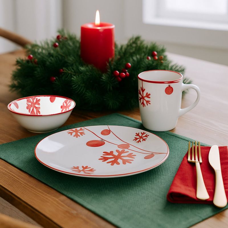 Vajilla Navideña de 12 Piezas con Diseño de Copos y Esferas Rojas