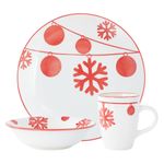 Vajilla Navideña de 12 Piezas con Diseño de Copos y Esferas Rojas