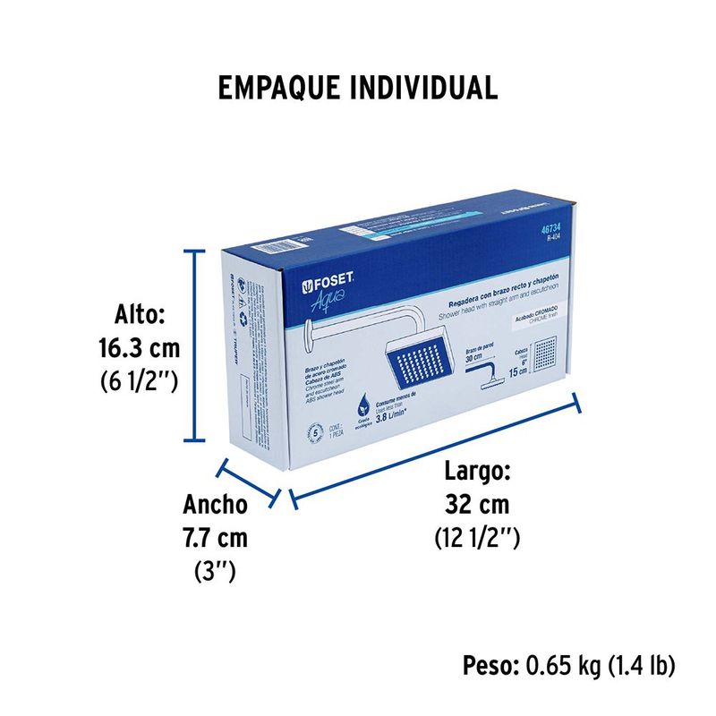 Regadera Cuadrada ABS Cromo con Brazo 6 Plg