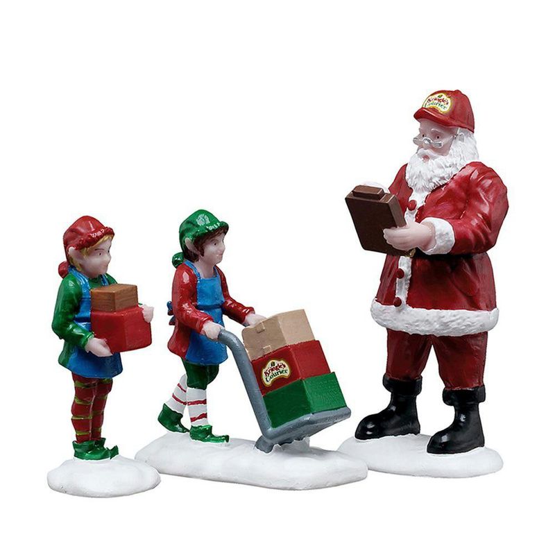 Set de 3 Figuras de Santa y Elfos Listos para Enviar para Villa Navideña