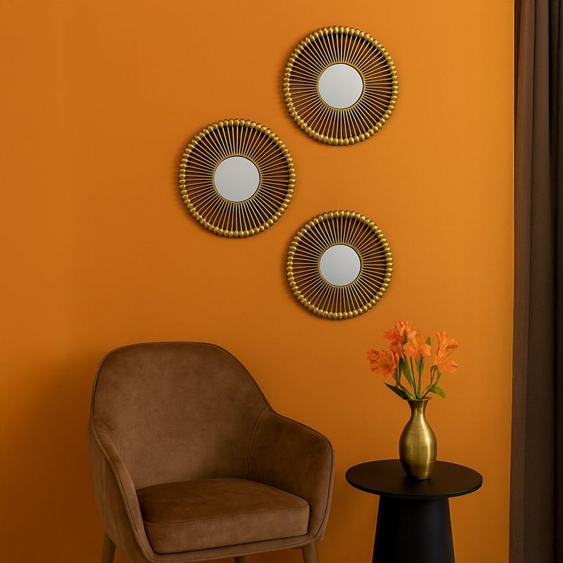 Set de 3 Espejos de Pared Redondos 25 cm Diseño Solar Dorado