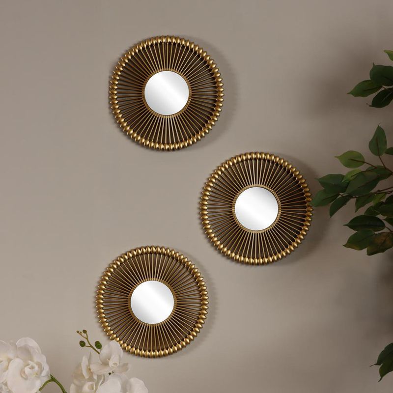 Set de 3 Espejos de Pared Redondos 25 cm Diseño Solar Dorado